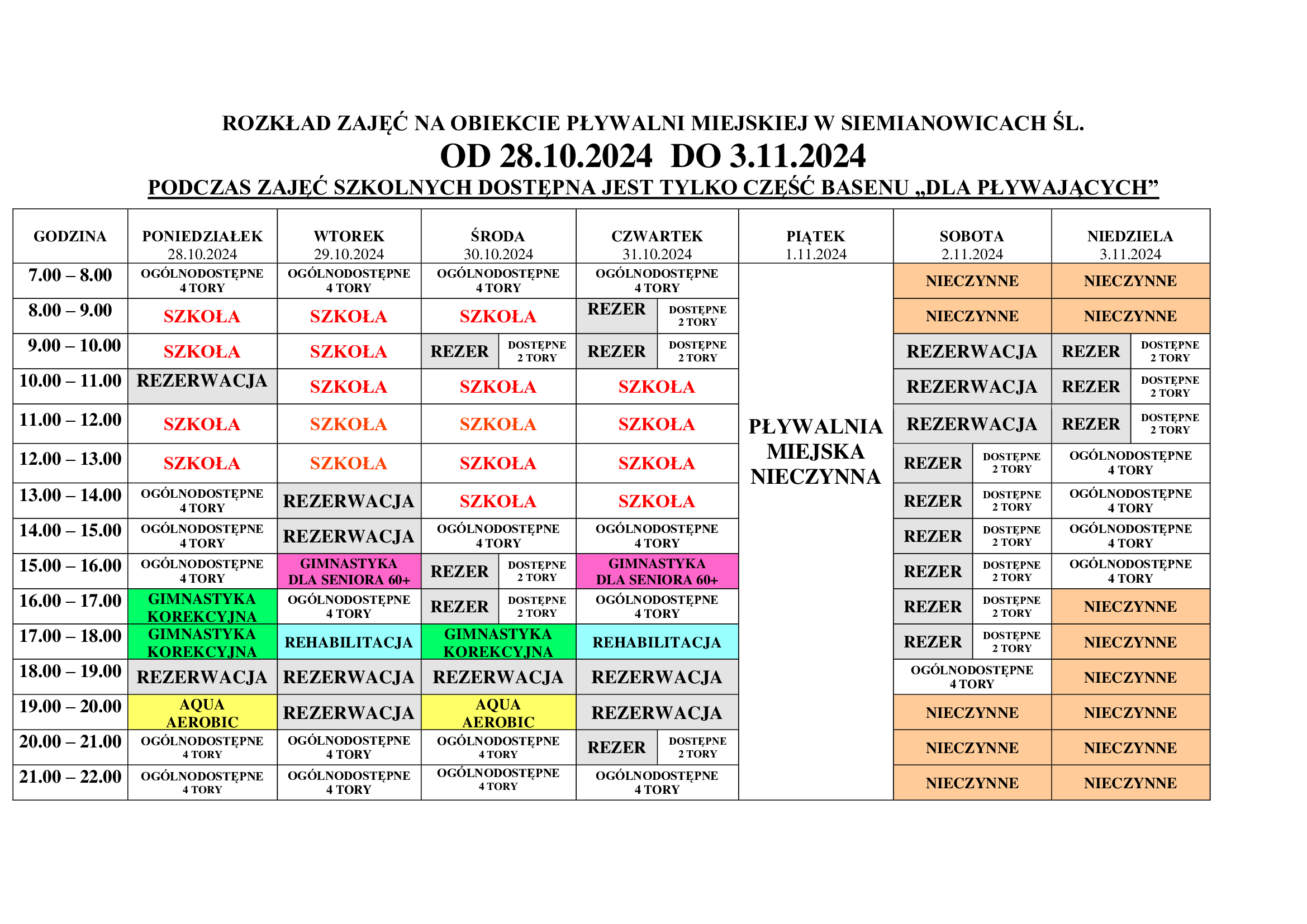 Tabelaryczny rozkład zajęć na Pływalni Miejskiej w Siemianowicach Śląskich