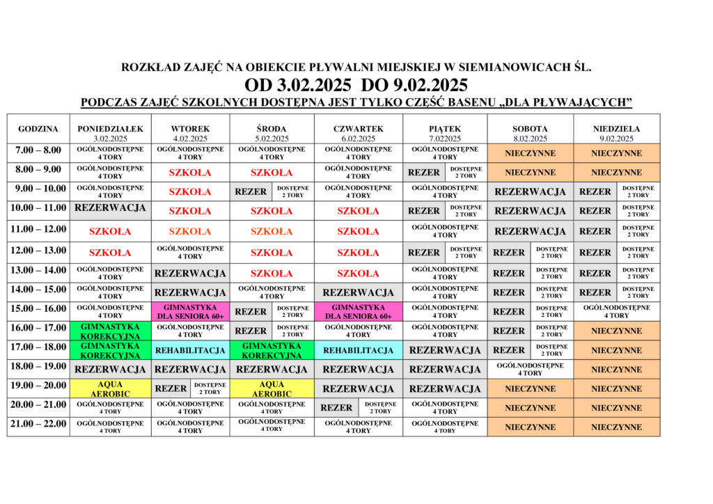 Tabelaryczny rozkład zajęć na Pływalni Miejskiej w Siemianowicach Śląskich