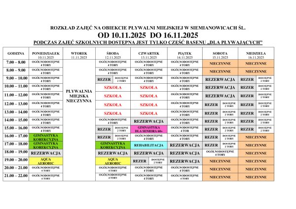 Tabelaryczny harmonogram zajęć na Pływalni Miejskie w Siemianowicach Śląskich