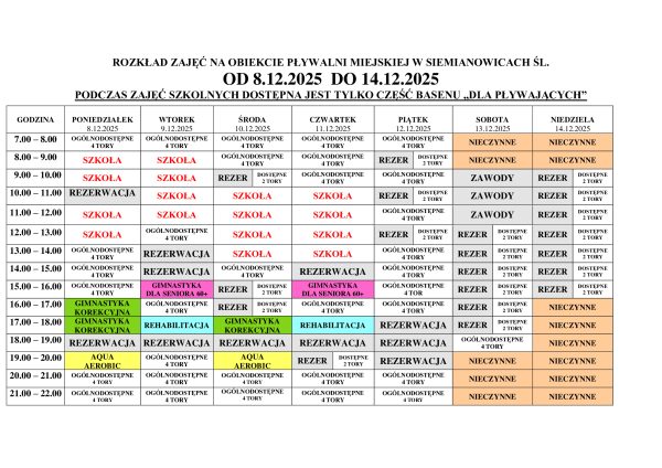 Tabelaryczny harmonogram zajęć na Pływalni Miejskie w Siemianowicach Śląskich