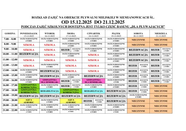 Tabelaryczny harmonogram zajęć na Pływalni Miejskie w Siemianowicach Śląskich
